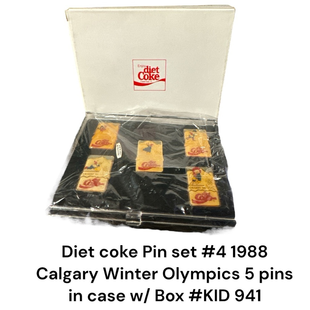 Diet coke Pin set #4 1988 Calgary Winter Olympics 5 pins in case w/ Box #KID 941
